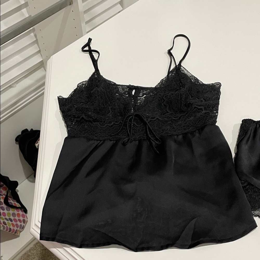 Victoria's Secret Black Lace Satin Pajama Camisole and Matching Shorts